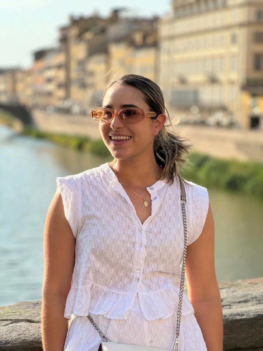 Mafe in Florence, white eyelet top, sunglasses